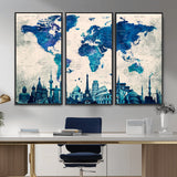 MGV-FC-48X32-3P - Blue World Map Wall Art Canvas Print, Framed Iconic Landmarks Art Picture Print, Blue Globe Map Perfect Elegant Explorer Decor Artwork