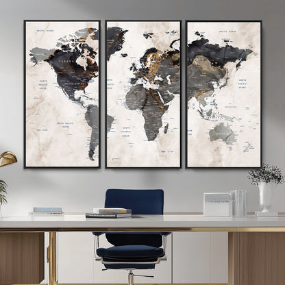 MGV-FC-48X32-3P - World Map Wall Art Canvas Print, Framed Rustic Map Art Picture Print, Antique Map Perfect Rustic Explorer Decor Artwork