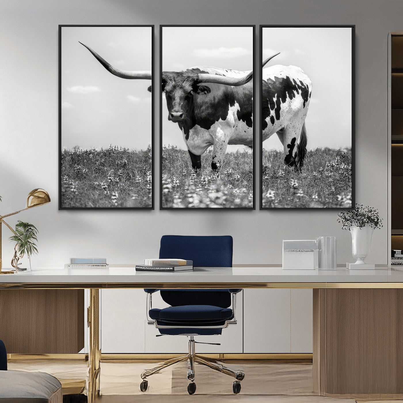 83785-MGV-CV-36X24-Texas Longhorn Wall Art Canvas Print, Framed Horned Bull Art Picture Print, Monochrome Cattle Perfect Rustic Western Decor Artwork