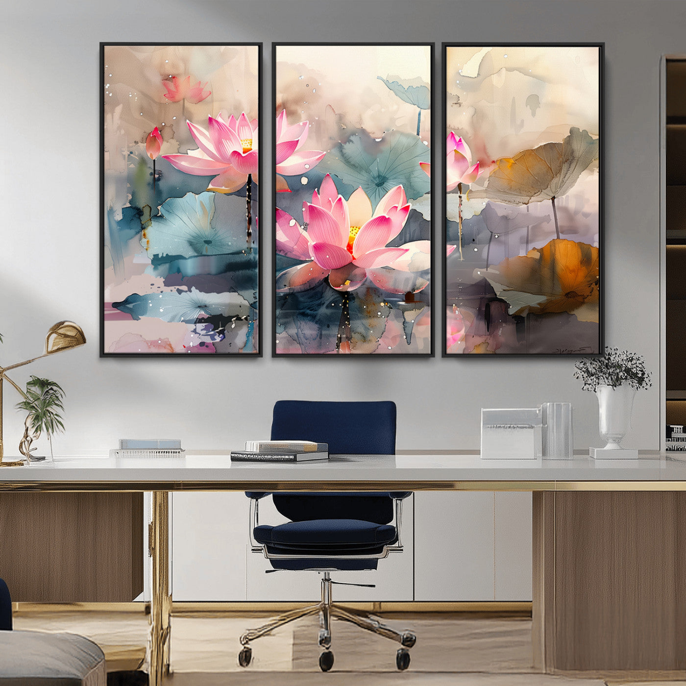 18414-MGV-FC-48X32-3P_Black-Pink Lotus Wall Art Canvas Print, Framed Water Lily Art Picture Print, Dreamy Floral Perfect Dreamy Botanical Decor Artwork