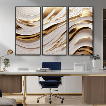41237-MGV-FC-48X32-3P_Black-Gold Waves Wall Art Canvas Print, Framed Elegant Flow Art Picture Print, Luxury Layers Perfect Minimal Luxe Decor Artwork