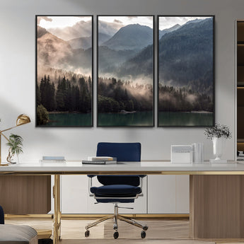 64758-MGV-CV-36X24-Misty Mountains Wall Art Canvas Print, Framed Moody Pines Art Picture Print, Forest Lake Perfect Moody Alpine Decor Artwork