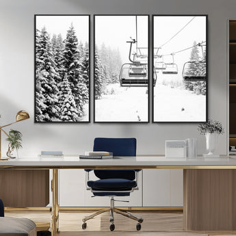49274-MGV-CV-36X24-Snowy Forest Wall Art Canvas Print, Framed Ski Lift Art Picture Print, Mountain Snow Perfect Minimal Winter Lodge Decor Artwork