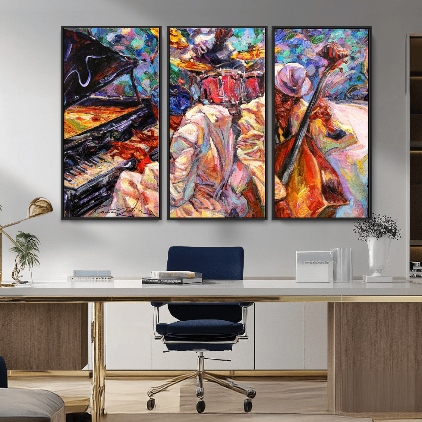 13675-MGV-CV-36X24-Jazz Band Wall Art Canvas Print, Framed Jazz Oil Painting Art Picture Print, Vibrant Music Perfect Abstract Musical Decor Artwork