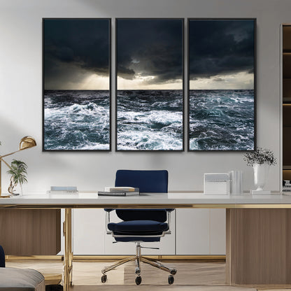 51359-MGV-FC-48X32-3P_Black-Stormy Ocean Wall Art Canvas Print, Framed Moody Seascape Art Picture Print, Ocean Storm Perfect Dramatic Coastal Decor Artwork