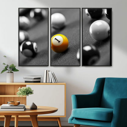 52108-MGV-CV-36X24-Precision Pool Table Wall Art – Close Up Yellow 1 Ball Canvas Print, Hand-Played Billiards Game Decor for Office, Game Room, or