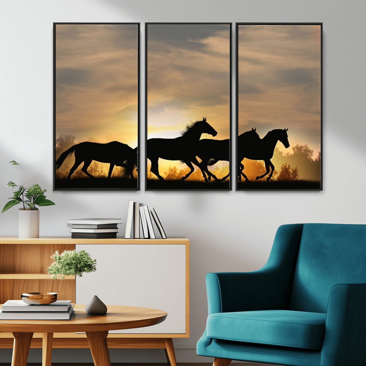 16620-MGV-FC-48X32-3P_Black-Sunset Stallions Wall Art – Silhouetted Horses Running Canvas Print, Nature’s Rhythm, Perfect for Living Room, Office, or Man Cave