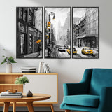 32362-MGV-CV-36X24-NYC Street Wall Art – Black and White Cityscape with Yellow Taxis and Umbrella Canvas Print, Urban Home Decor for Living Room or