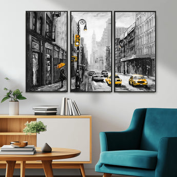 32362-MGV-CV-36X24-NYC Street Wall Art – Black and White Cityscape with Yellow Taxis and Umbrella Canvas Print, Urban Home Decor for Living Room or