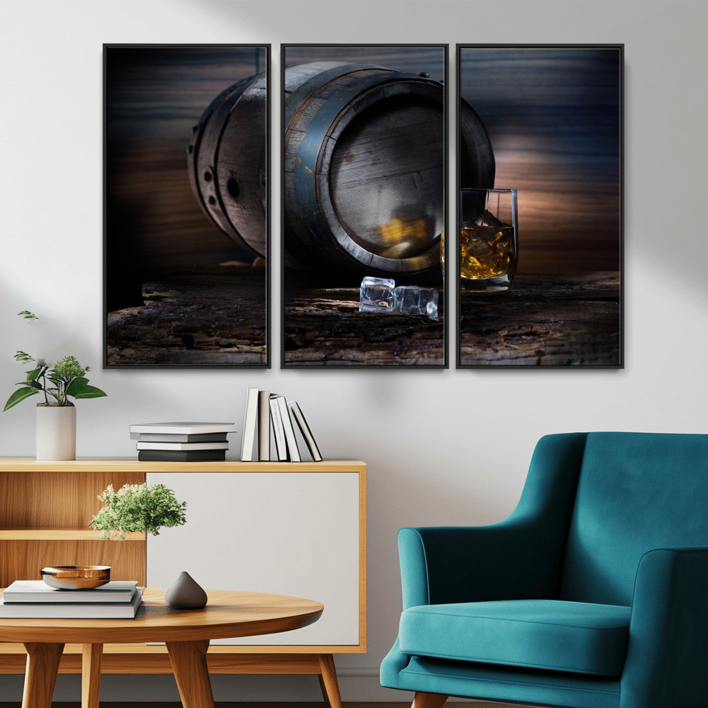 78049-MGV-CV-36X24-Whiskey Barrel Wall Art – Rustic Whiskey Barrel and Glass with Ice Canvas Print, Classic Bar or Lounge Decor for Home, Office, or