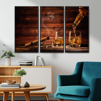 91042-MGV-CV-36X24-Whiskey & Cigar Wall Art – Elegant Whiskey Pour and Smoldering Cigar Canvas Print, Sophisticated Bar or Lounge Decor for Home,