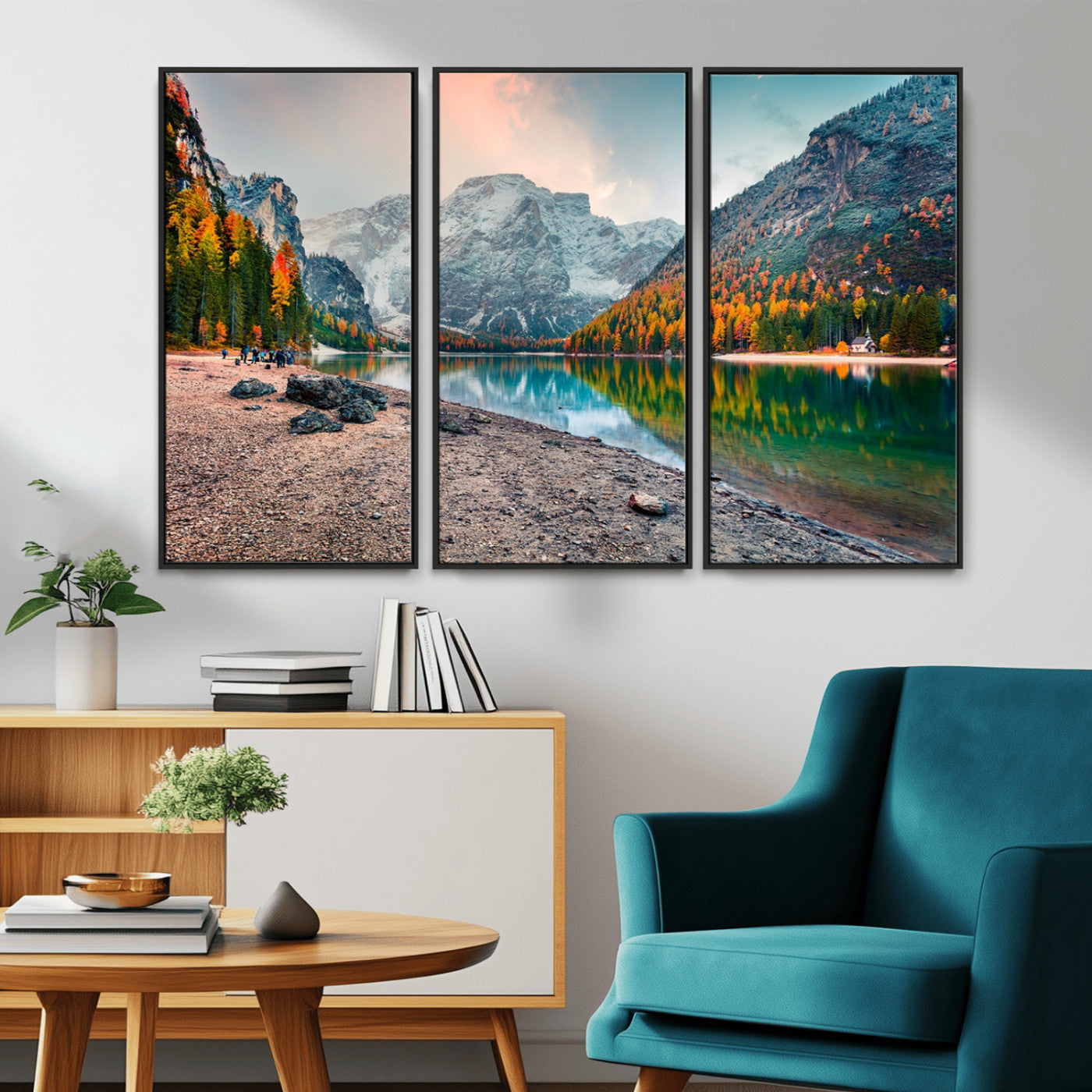 25982-MGV-CV-36X24-Autumn Mountain Lake Wall Art – Panoramic Fall Foliage and Snowy Peaks Canvas Print, Scenic Nature Decor for Living Room or Office