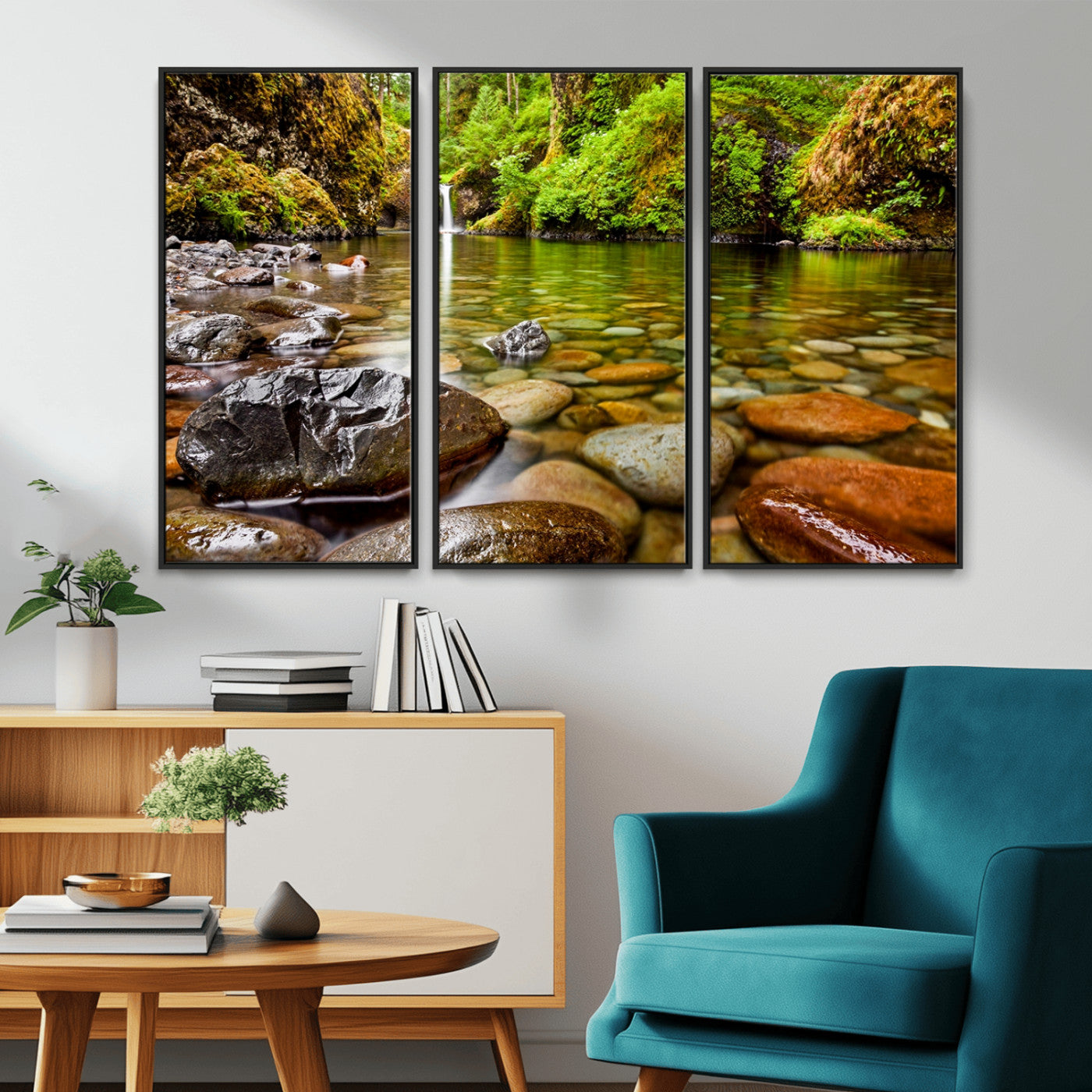 98096-MGV-CV-36X24-Serene River Waterfall Nature Photo – Calm Clear Water, Vibrant Green Forest and Smooth Stones Landscape Wall Art for Home or