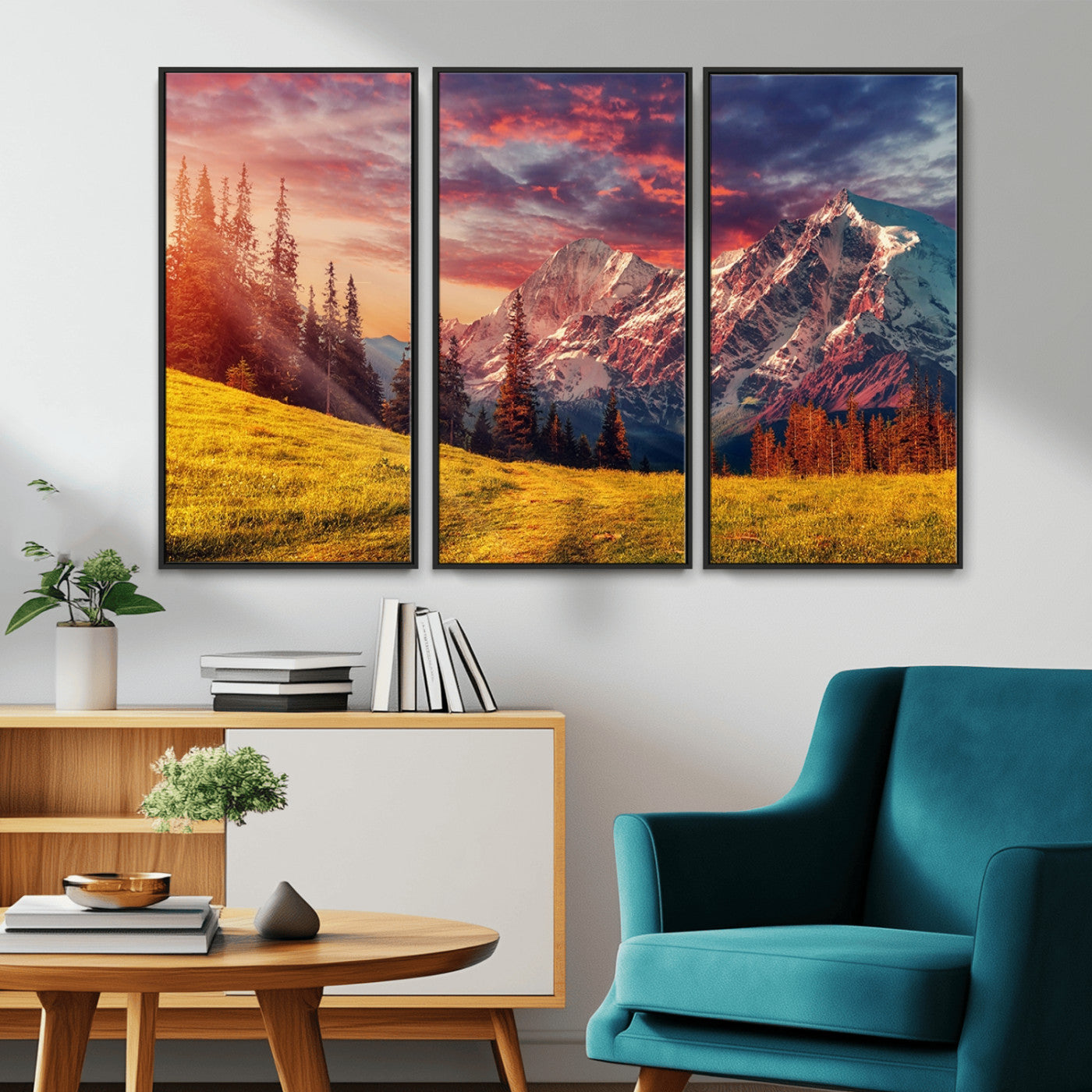 83947-MGV-FC-48X32-3P_Black-Sunset Mountain Landscape Wall Art – Panoramic Alpine Meadow and Snow Capped Peaks Canvas Print, Nature Scenic Decor for Home,