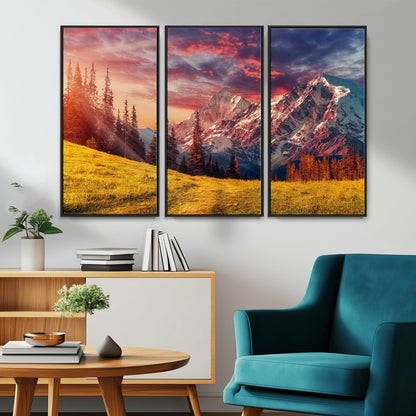 83947-MGV-FC-48X32-3P_Black-Sunset Mountain Landscape Wall Art – Panoramic Alpine Meadow and Snow Capped Peaks Canvas Print, Nature Scenic Decor for Home,