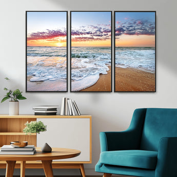 39560-MGV-CV-36X24-Sunrise Beach Wall Art – Vibrant Ocean Waves and Golden Sand Canvas Print, Seaside Coastal Decor for Living Room, Bedroom or