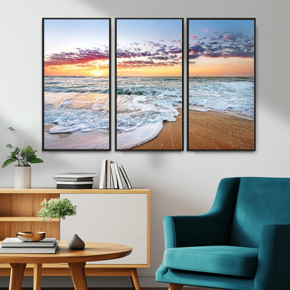 39560-MGV-CV-36X24-Sunrise Beach Wall Art – Vibrant Ocean Waves and Golden Sand Canvas Print, Seaside Coastal Decor for Living Room, Bedroom or
