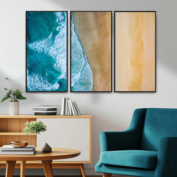 46640-MGV-CV-36X24-Aerial Beach Wall Art – Turquoise Waves and Golden Sand Canvas Print with Lone Surfer, Coastal Ocean Decor for Living Room,