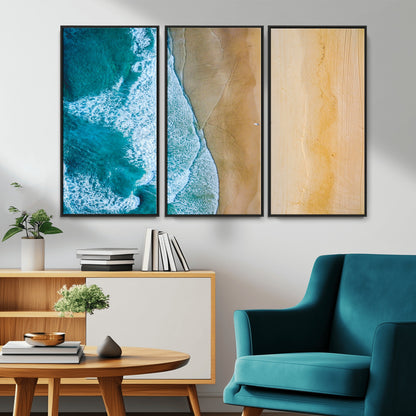 46640-MGV-CV-36X24-Aerial Beach Wall Art – Turquoise Waves and Golden Sand Canvas Print with Lone Surfer, Coastal Ocean Decor for Living Room,