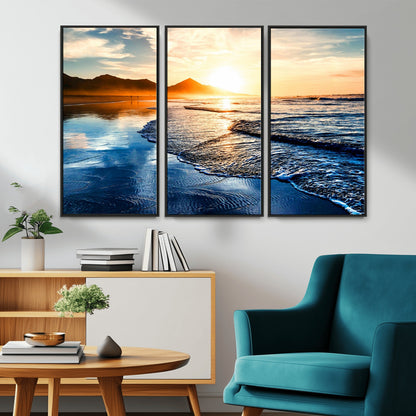 86173-MGV-CV-36X24-Golden Sunset Beach Wall Art – Reflective Ocean Canvas Print with Mountains and Waves, Coastal Nature Decor for Living Room,