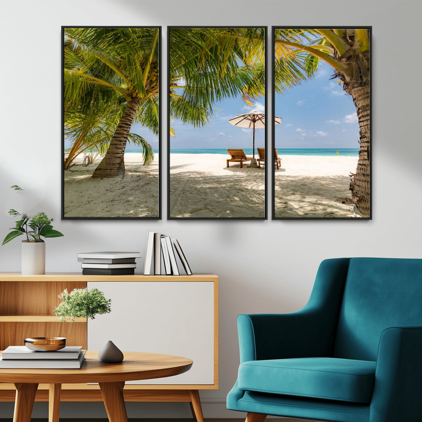 83601-MGV-CV-36X24-Tropical Beach Wall Art – Serene Palm Trees and Lounge Chairs Canvas Print, Relaxing Coastal Decor for Living Room, Bedroom or
