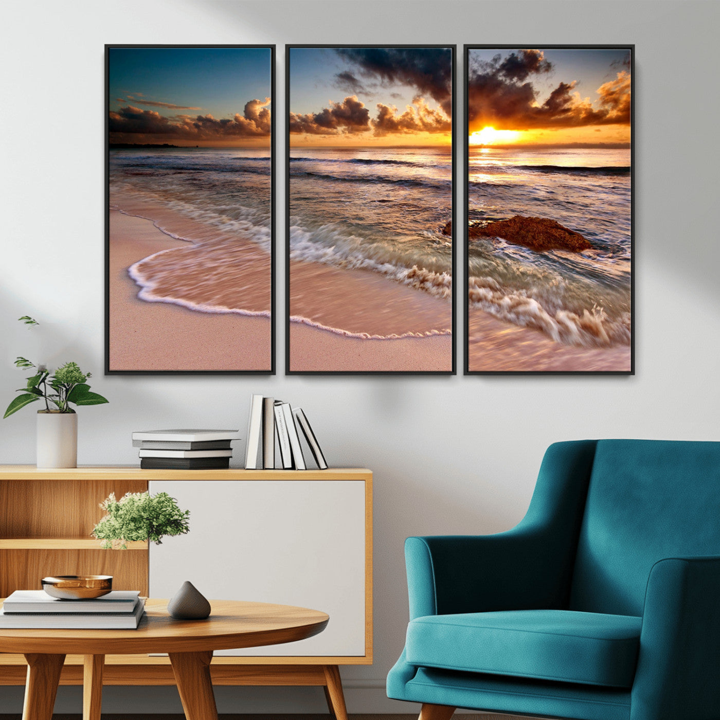 38302-MGV-FC-48X32-3P_Black-Sunset Beach Wall Art – Stunning Ocean Waves and Rock Canvas Print, Warm Coastal Decor for Living Room, Bedroom, Office or Beach