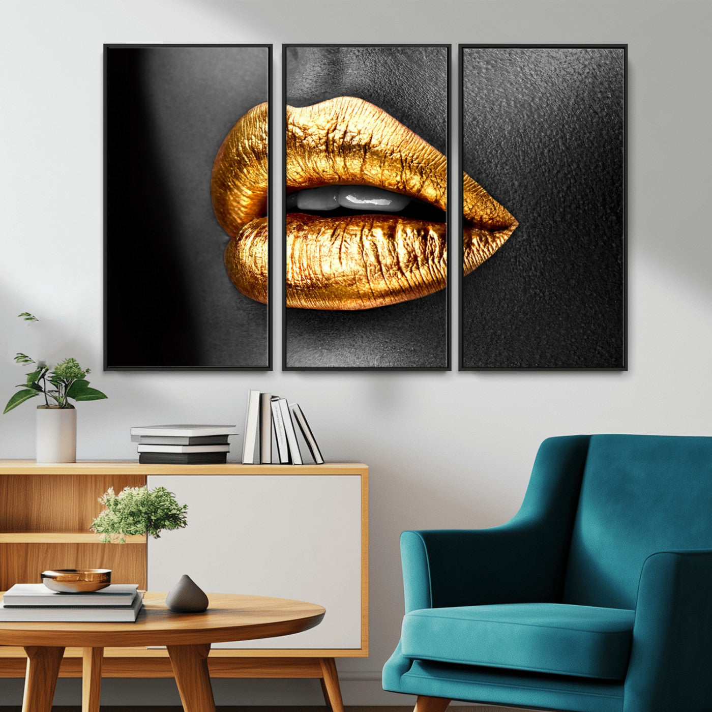 84747-MGV-CV-36X24-Golden Lips Black & White Portrait – Glamorous Metallic Lip Art Print, Modern Wall Decor for Bedroom, Beauty & Fashion Lover Gift