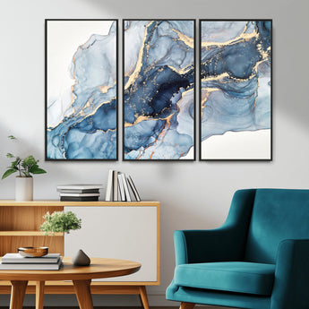 33782-MGV-CV-36X24-Abstract Marble Wall Art – Blue & Gold Fluid Painting Canvas Print, Modern Home Decor for Living Room, Bedroom or Office