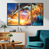 52890-MGV-CV-36X24-Surfing Wave Wall Art Canvas Print, Framed Sunset Ocean Art Picture Print, Ocean Wave Perfect Nautical Decor Artwork