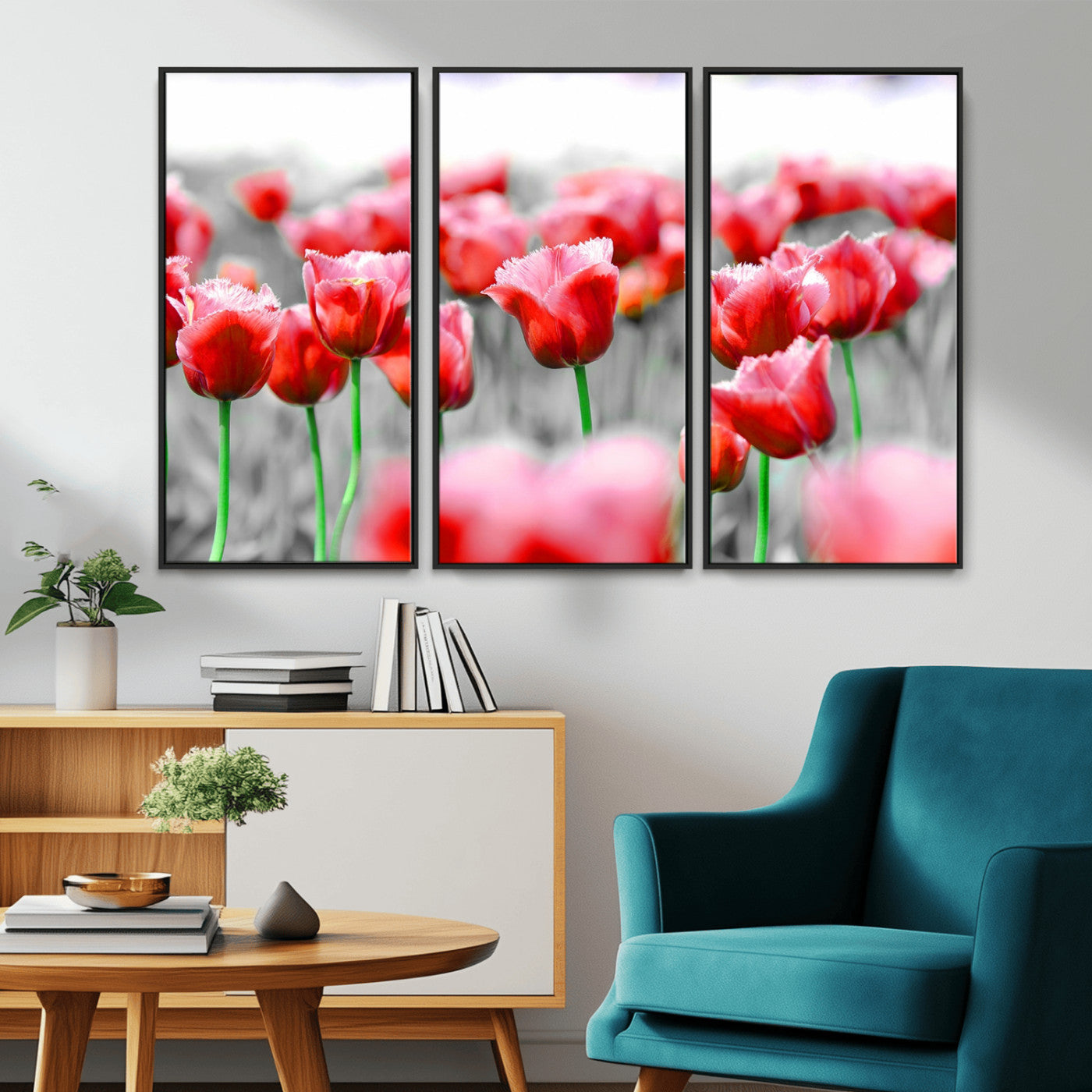 44554-MGV-CV-36X24-Vibrant red tulips stand out beautifully against a black-and-white background, making a striking decor piece perfect for any home