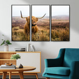 79391-MGV-CV-36X24-Majestic Highland Cow in Misty Scottish Moorland – Rustic Natural Charm, Perfect for Unique Home or Office Decor