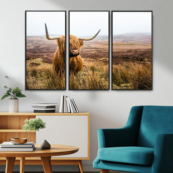 79391-MGV-CV-36X24-Majestic Highland Cow in Misty Scottish Moorland – Rustic Natural Charm, Perfect for Unique Home or Office Decor