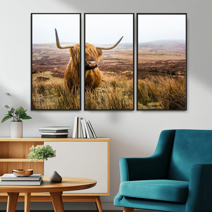 79391-MGV-CV-36X24-Majestic Highland Cow in Misty Scottish Moorland – Rustic Natural Charm, Perfect for Unique Home or Office Decor