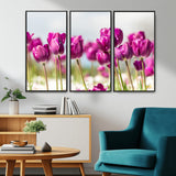 30632-MGV-CV-36X24-Purple Tulip Field Wall Art – Beautiful Spring Flowers Canvas Print with Soft Focus and Bright Sky, Ideal Floral Decor for Home or