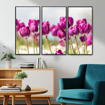 30632-MGV-CV-36X24-Purple Tulip Field Wall Art – Beautiful Spring Flowers Canvas Print with Soft Focus and Bright Sky, Ideal Floral Decor for Home or