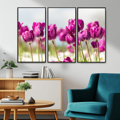 30632-MGV-CV-36X24-Purple Tulip Field Wall Art – Beautiful Spring Flowers Canvas Print with Soft Focus and Bright Sky, Ideal Floral Decor for Home or