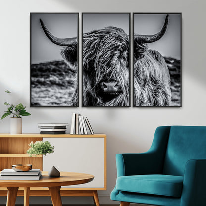97372-MGV-FC-48X32-3P_Black-Elegant Highland Cow Wall Art – Black and White Canvas Print, Rustic Nature Decor for Home, Office, Living Room or Man Cave