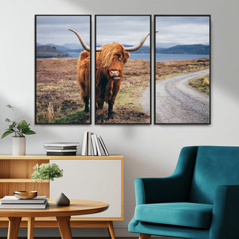 56121-MGV-CV-36X24-Rustic Highland Cow Wall Art – Panoramic Nature Canvas Print, Perfect Decor for Home, Office, Living Room or Man Cave