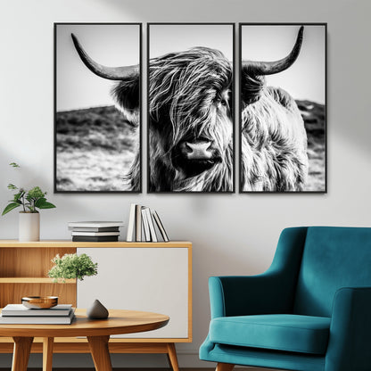 36979-MGV-CV-36X24-Striking black-and-white portrait of a Highland cow with flowing fur and majestic horns, perfect for rustic and elegant home or