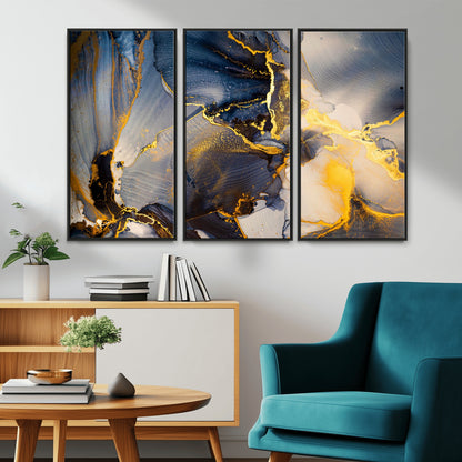 42100-MGV-CV-36X24-Golden Flow Abstract Wall Art – Panoramic Modern Blue and Gold Canvas Print, Contemporary Artistic Decor for Home, Office