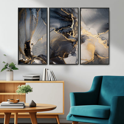 24068-MGV-CV-36X24-Luxury Abstract Wall Art – Gold & Gray Fluid Ink Painting Canvas, Modern Metallic Home Decor, Elegant Office or Living Room Accent