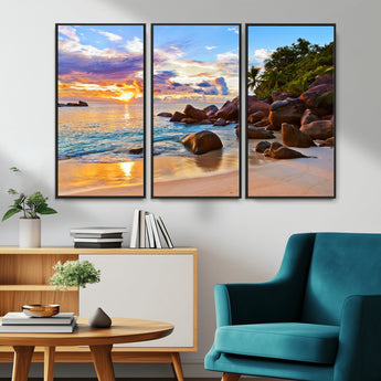 43209-MGV-CV-36X24-Tropical Beach Sunset Wall Art – Golden Ocean Waves and Palm Trees with Rocky Shore Canvas Print, Coastal Seascape Decor for