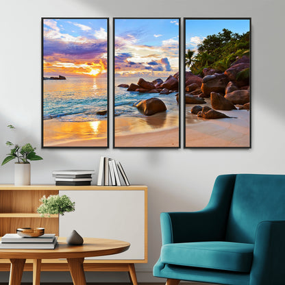 43209-MGV-CV-36X24-Tropical Beach Sunset Wall Art – Golden Ocean Waves and Palm Trees with Rocky Shore Canvas Print, Coastal Seascape Decor for