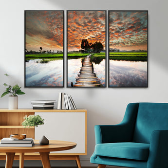 29105-MGV-CV-36X24-Rustic Wooden Bridge Wall Art – Scenic Sunset Over Rice Fields and Reflective Water Canvas Print, Nature Landscape Decor for
