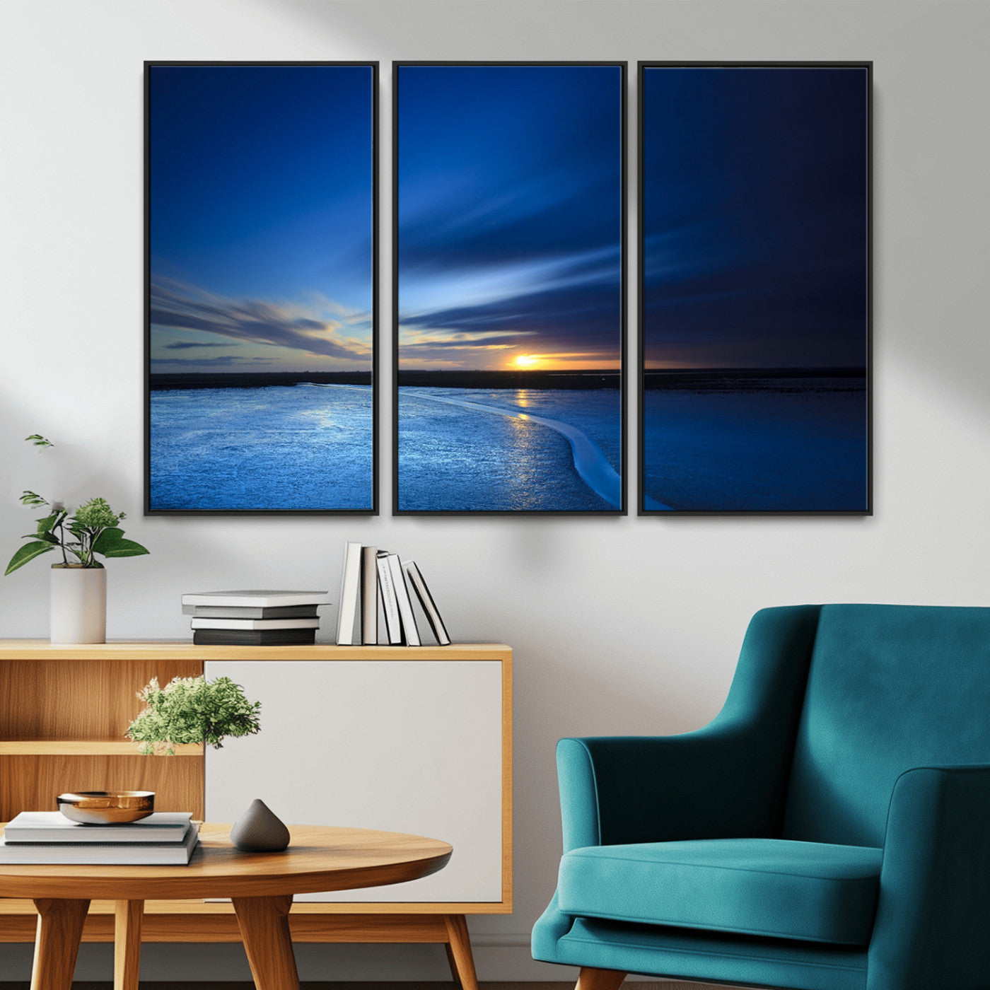 65405-MGV-CV-36X24-Blue Sunrise Seascape Wall Art – Tranquil Ocean Horizon Canvas Print with Golden Sunlight and Deep Sky, Coastal Landscape Decor