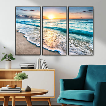 27815-MGV-CV-36X24-Ocean Sunrise Beach Wall Art – Serene Coastal Canvas Print with Waves and Golden Morning Light, Relaxing Seascape Decor for