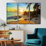 26181-MGV-CV-36X24-Golden Tropical Sunset Beach Wall Art – Ocean Canvas Print with Palm Trees and Rocks, Coastal Paradise Decor for Living Room or