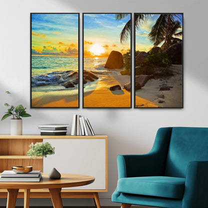 26181-MGV-CV-36X24-Golden Tropical Sunset Beach Wall Art – Ocean Canvas Print with Palm Trees and Rocks, Coastal Paradise Decor for Living Room or