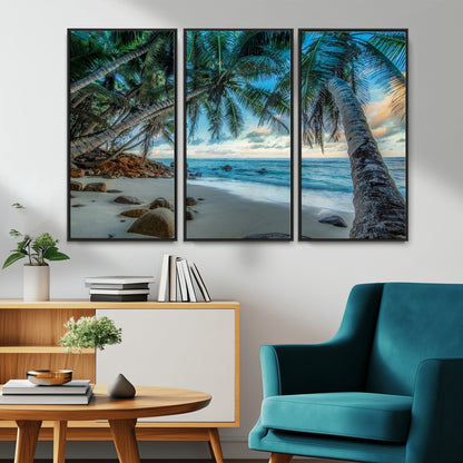 39679-MGV-CV-36X24-Tropical Palm Beach Wall Art – Serene Ocean Canvas Print with Palm Trees and Rocks, Coastal Paradise Decor for Living Room or