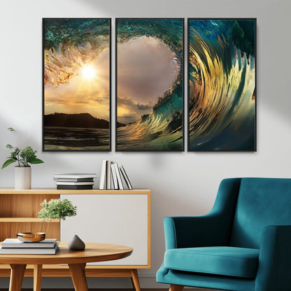 38256-MGV-CV-36X24-Ocean Wave Wall Art – Stunning Sunrise Through Curling Wave Canvas Print, Coastal Surf Photography Seascape Decor for Living Room,